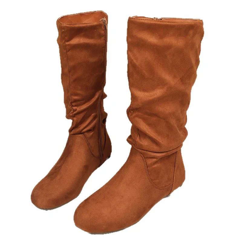 Damen Kniehohe Slouch-Stiefel aus Veloursimitat mit Innenseiten-Reißverschluss und flacher Komfortsohle Drune