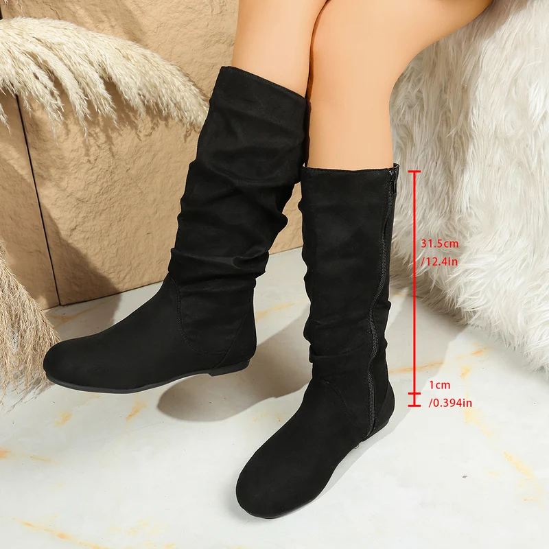 Damen Kniehohe Slouch-Stiefel aus Veloursimitat mit Innenseiten-Reißverschluss und flacher Komfortsohle Drune