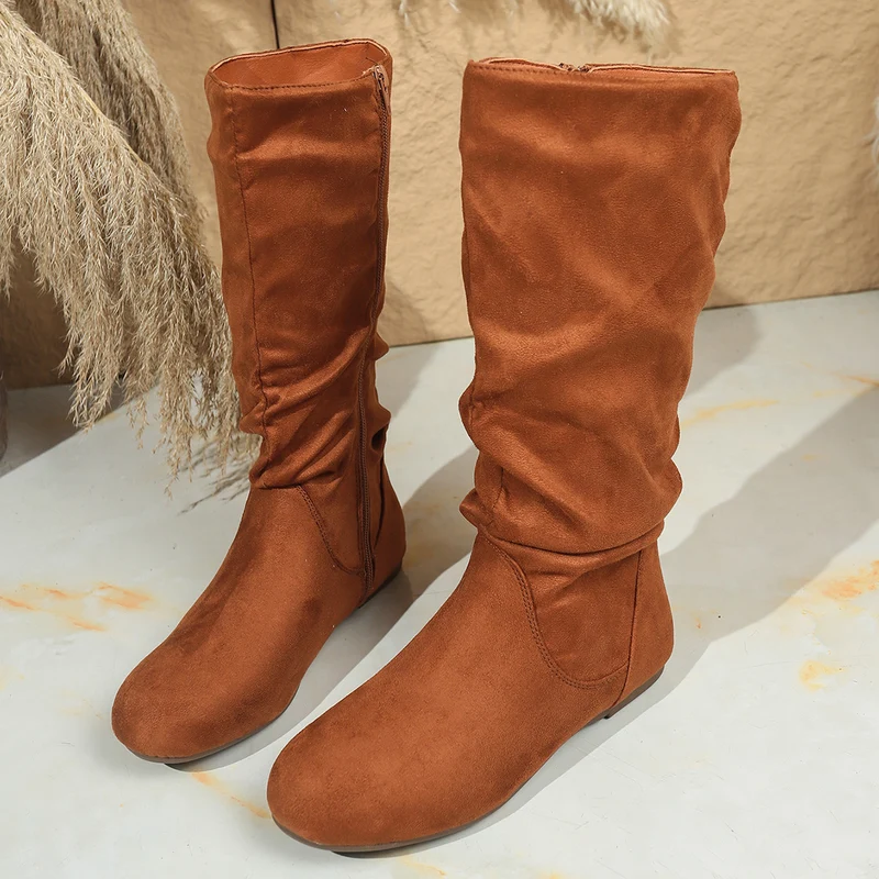 Damen Kniehohe Slouch-Stiefel aus Veloursimitat mit Innenseiten-Reißverschluss und flacher Komfortsohle Drune