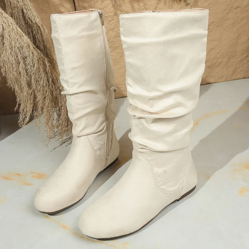 Damen Kniehohe Slouch-Stiefel aus Veloursimitat mit Innenseiten-Reißverschluss und flacher Komfortsohle Drune