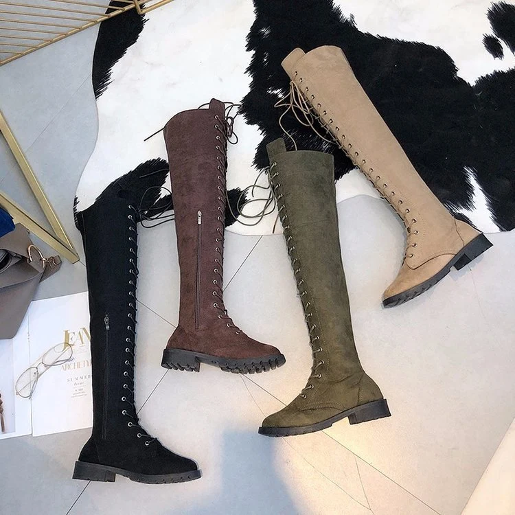 Damen Kniehohe Schnürstiefel mit durchgehender Schnürung aus Veloursimitat und rutschfester Profilsohle Drune