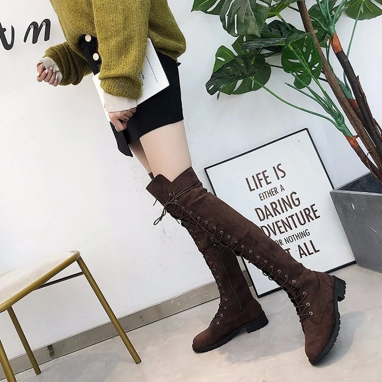Damen Kniehohe Schnürstiefel mit durchgehender Schnürung aus Veloursimitat und rutschfester Profilsohle Drune