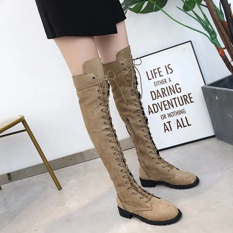 Damen Kniehohe Schnürstiefel mit durchgehender Schnürung aus Veloursimitat und rutschfester Profilsohle Drune