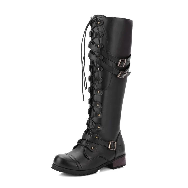 Damen Kniehohe Schnürstiefel im Vintage-Militärstil mit Doppelschnallen und robuster Profilsohle Drune
