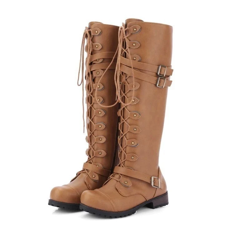 Damen Kniehohe Schnürstiefel im Vintage-Militärstil mit Doppelschnallen und robuster Profilsohle Drune