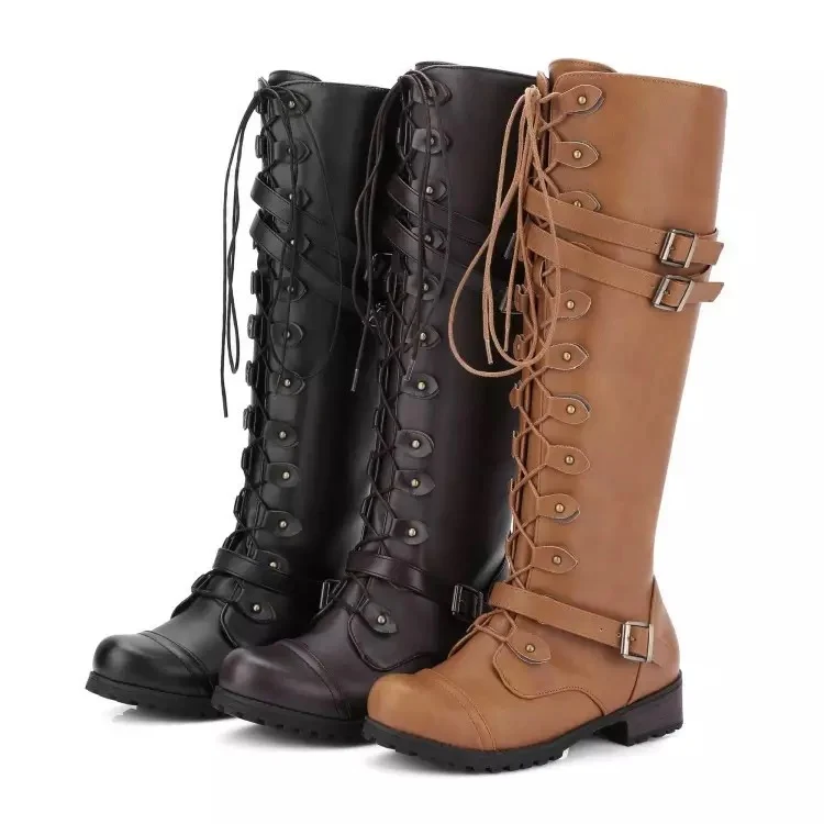 Damen Kniehohe Schnürstiefel im Military‑Look mit Zierschnallen und robuster Profilsohle Drune