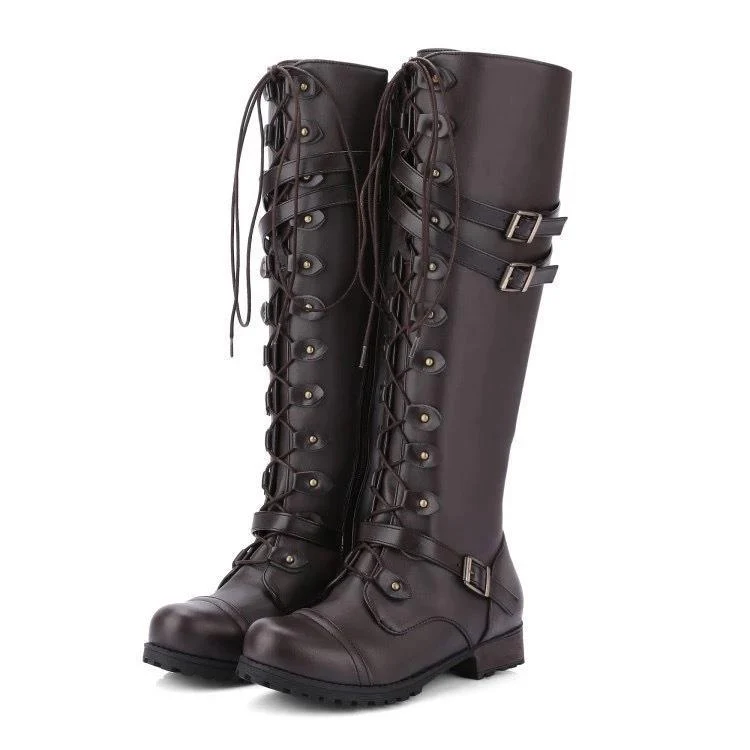 Damen Kniehohe Schnürstiefel im Military‑Look mit Zierschnallen und robuster Profilsohle Drune