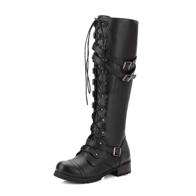 Damen Kniehohe Schnürstiefel im Military‑Look mit Zierschnallen und robuster Profilsohle Drune