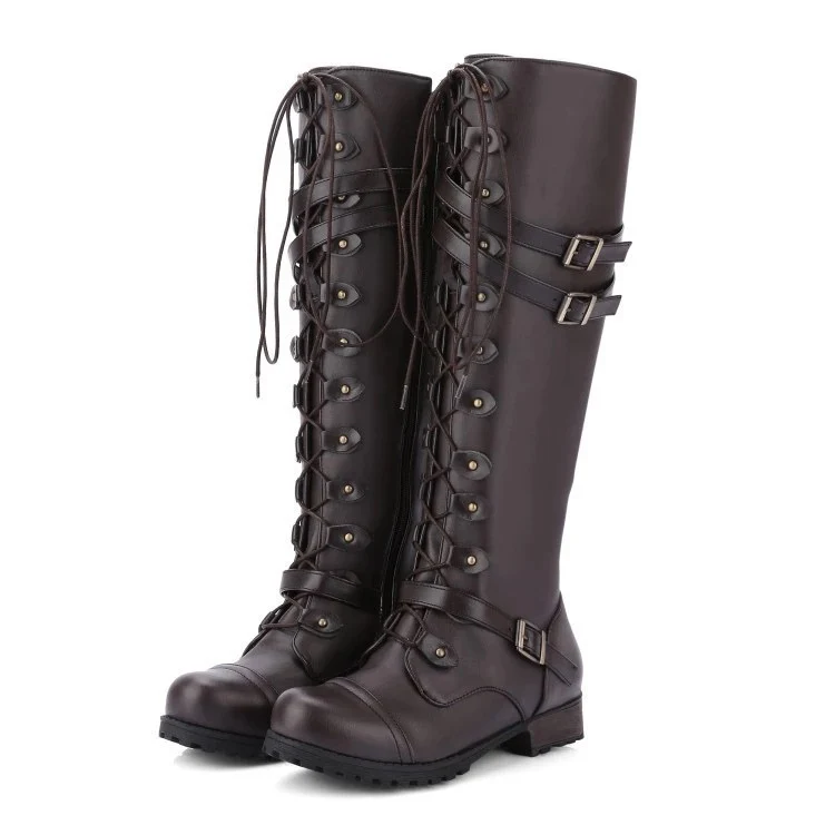 Damen Kniehohe Schnürstiefel im Military‑Look mit Zierschnallen und robuster Profilsohle Drune