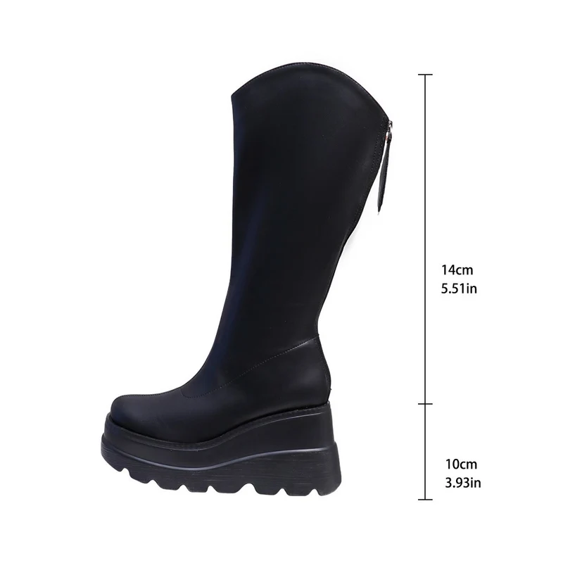 Damen Kniehohe Plateau‑Boots mit grober Lug‑Sohle, verdeckter Keilsohle und Seitenreißverschluss Drune