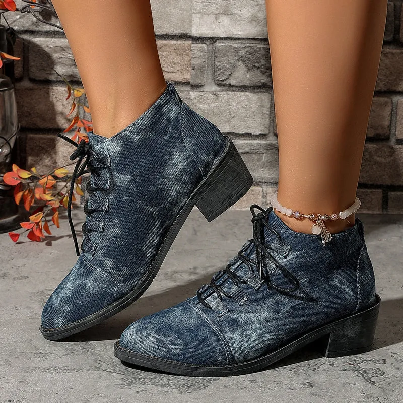 Damen Jeansoptik Schnür-Ankleboots mit niedrigem Blockabsatz Drune