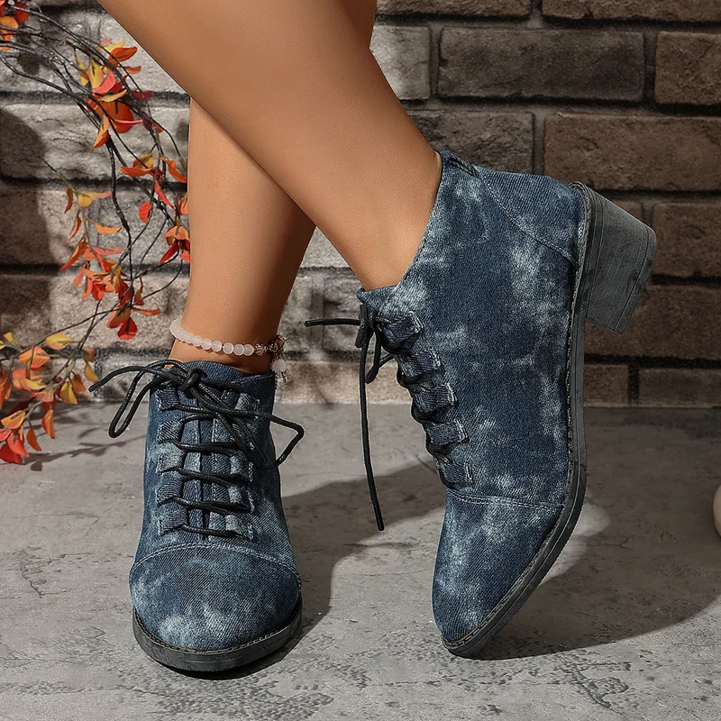 Damen Jeansoptik Schnür-Ankleboots mit niedrigem Blockabsatz Drune