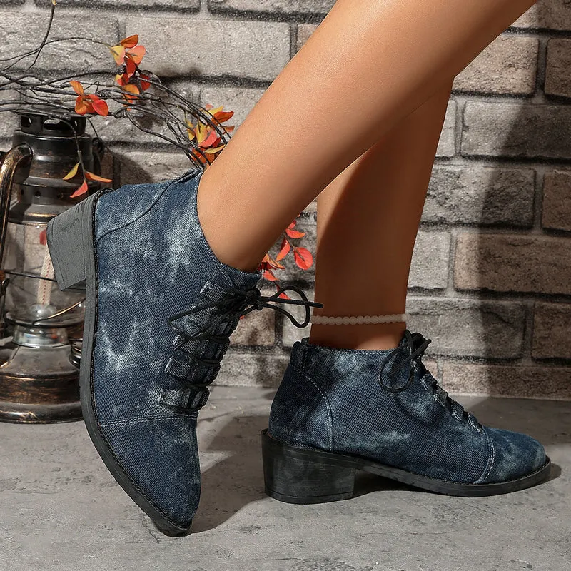 Damen Jeansoptik Schnür-Ankleboots mit niedrigem Blockabsatz Drune