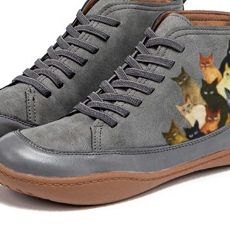 Damen Hochgeschnittene Leder-Sneaker mit handbemaltem Katzenmotiv und ergonomischer Laufsohle Drune