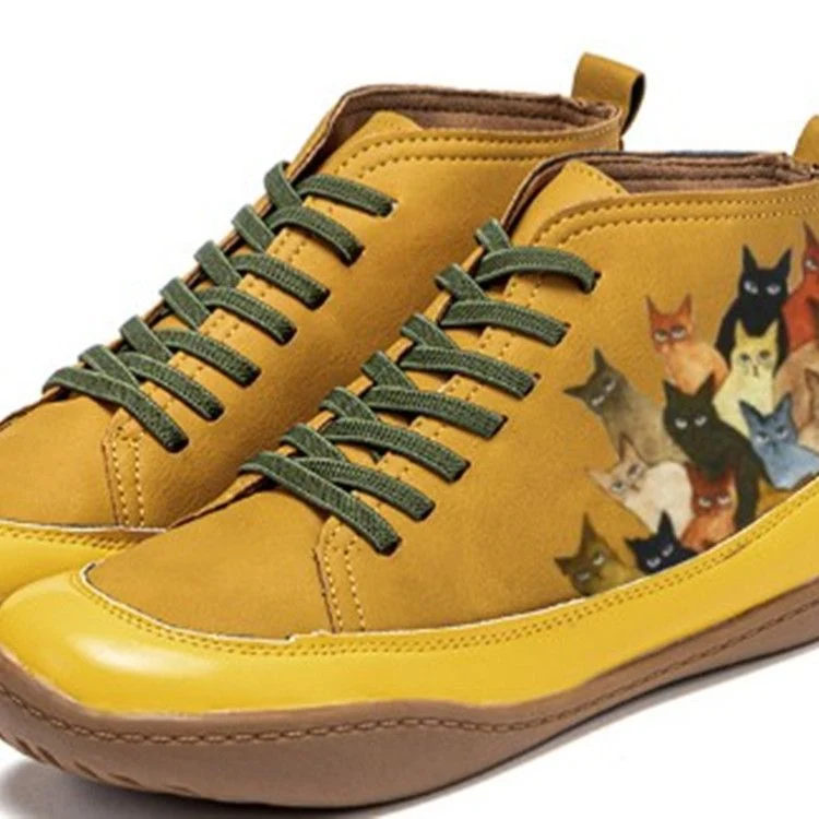 Damen Hochgeschnittene Leder-Sneaker mit handbemaltem Katzenmotiv und ergonomischer Laufsohle Drune