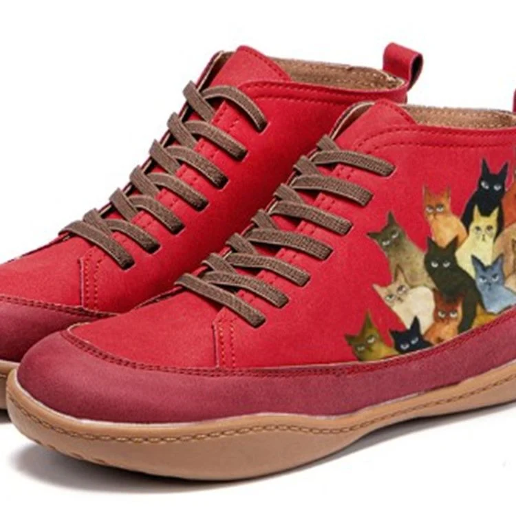 Damen Hochgeschnittene Leder-Sneaker mit handbemaltem Katzenmotiv und ergonomischer Laufsohle Drune