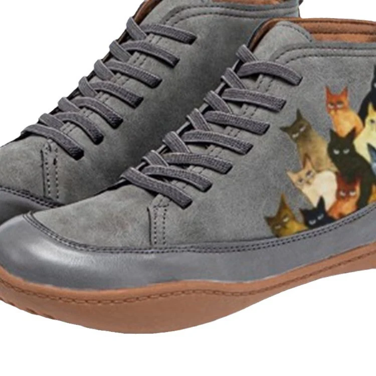 Damen Hochgeschnittene Leder-Sneaker mit handbemaltem Katzenmotiv und ergonomischer Laufsohle Drune