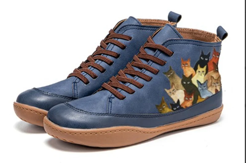 Damen Hochgeschnittene Leder-Sneaker mit handbemaltem Katzenmotiv und ergonomischer Laufsohle Drune