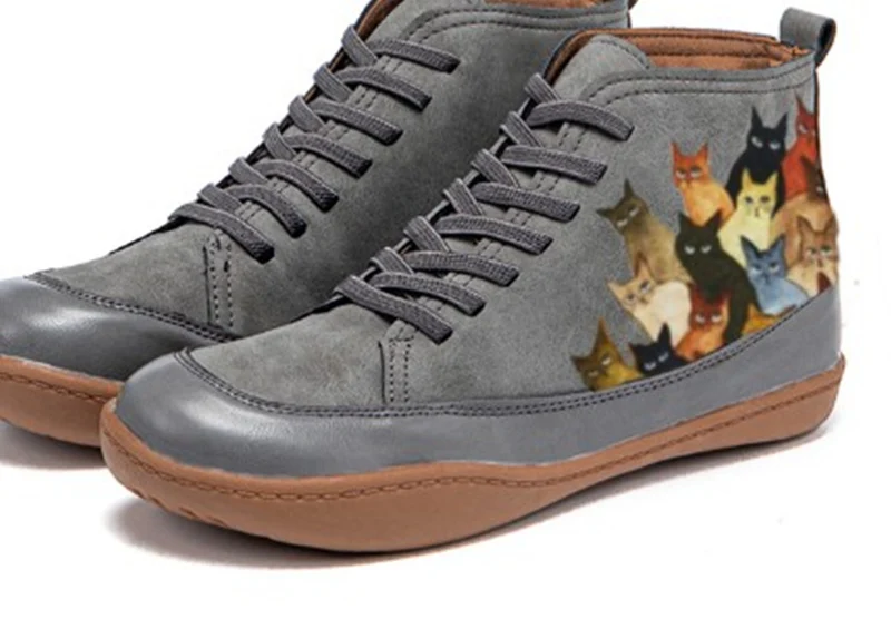Damen Hochgeschnittene Leder-Sneaker mit handbemaltem Katzenmotiv und ergonomischer Laufsohle Drune
