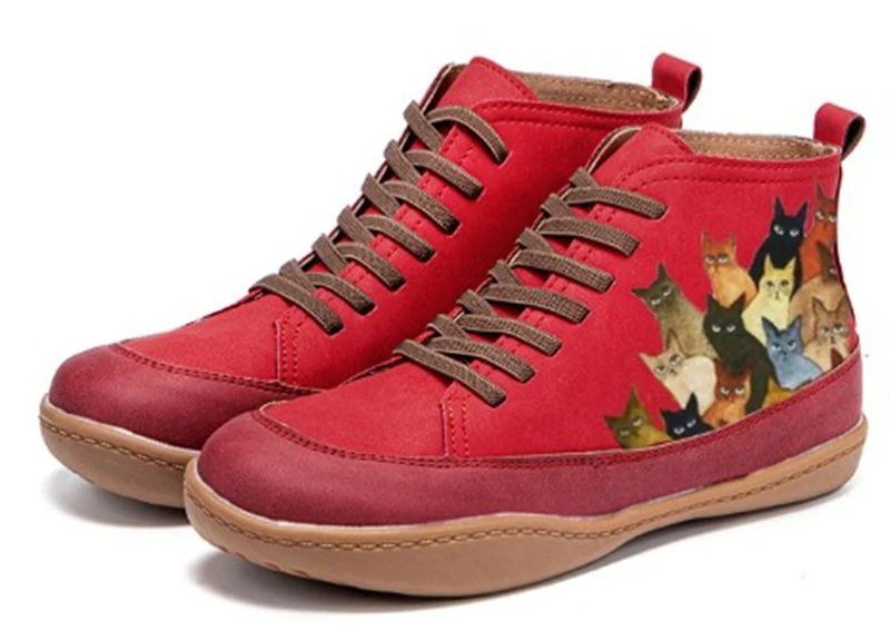 Damen Hochgeschnittene Leder-Sneaker mit handbemaltem Katzenmotiv und ergonomischer Laufsohle Drune