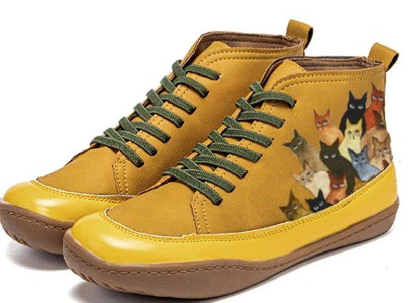Damen Hochgeschnittene Leder-Sneaker mit handbemaltem Katzenmotiv und ergonomischer Laufsohle Drune