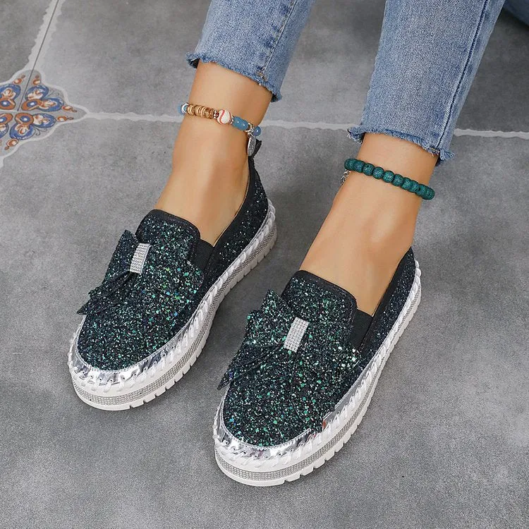 Damen Glitzer-Plateau-Slipper mit Schleifenapplikation und profilierter Komfortsohle Drune