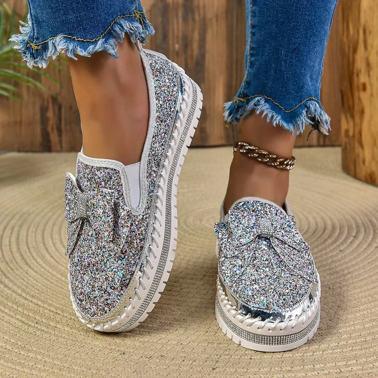 Damen Glitzer-Plateau-Slipper mit Schleifenapplikation und profilierter Komfortsohle Drune