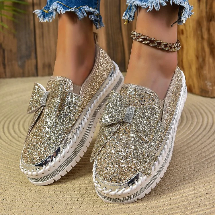 Damen Glitzer-Plateau-Slipper mit Schleifenapplikation und profilierter Komfortsohle Drune