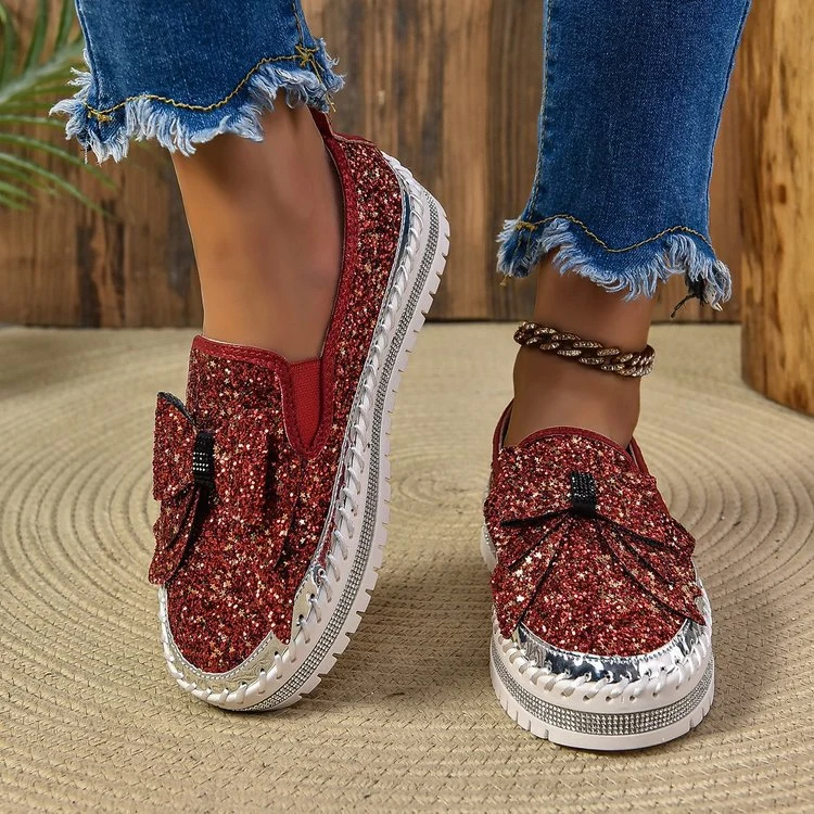 Damen Glitzer-Plateau-Slipper mit Schleifenapplikation und profilierter Komfortsohle Drune