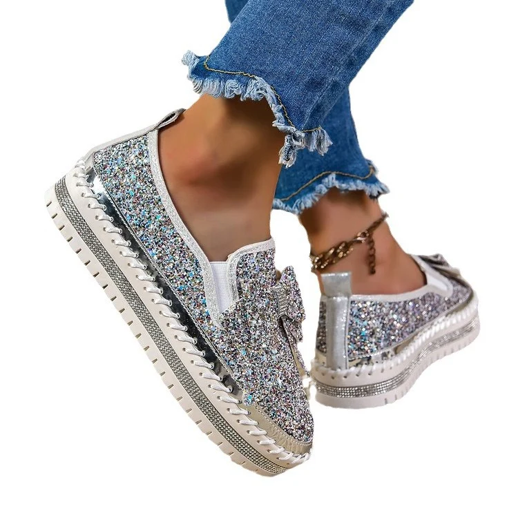 Damen Glitzer-Plateau-Slipper mit Schleifenapplikation und profilierter Komfortsohle Drune