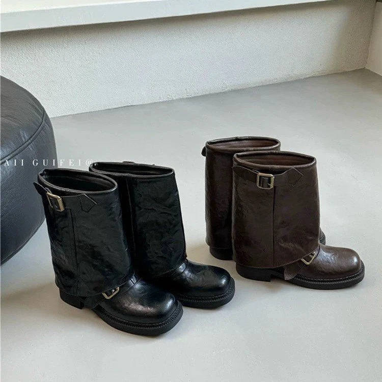 Damen Glänzende Mid‑Calf Bikerboots mit Zierriemen und Schnallen Drune