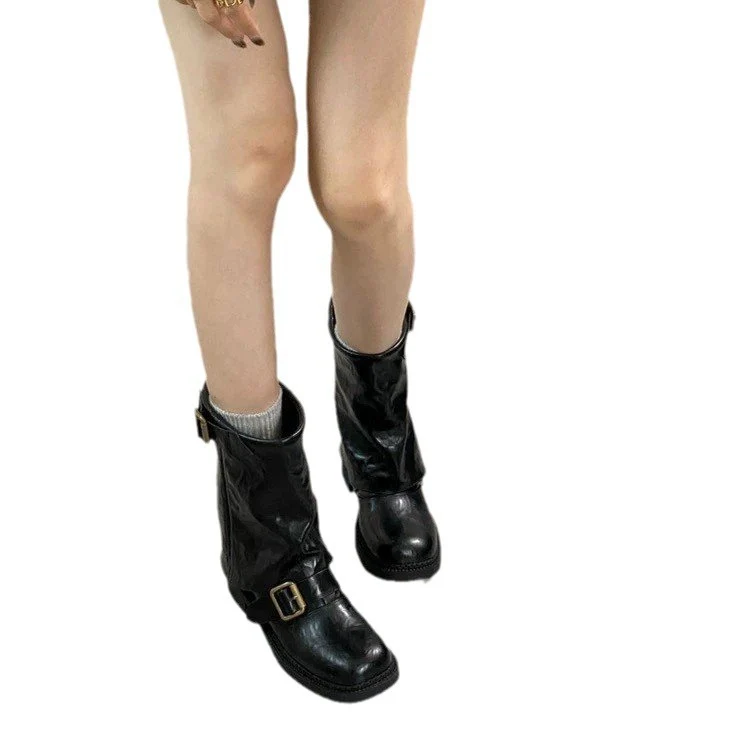 Damen Glänzende Mid‑Calf Bikerboots mit Zierriemen und Schnallen Drune