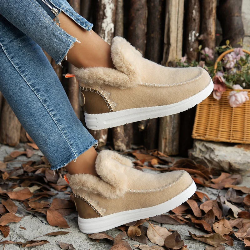 Damen Gefütterte Wolloptik‑Mokassinboots mit Kunstfellkragen und flexibler Gummisohle Drune