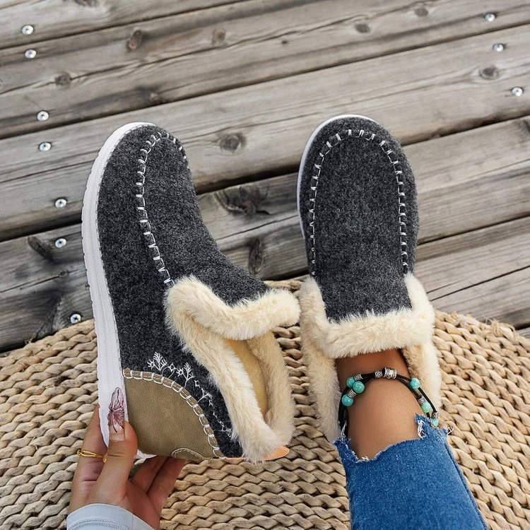 Damen Gefütterte Wolloptik‑Mokassinboots mit Kunstfellkragen und flexibler Gummisohle Drune