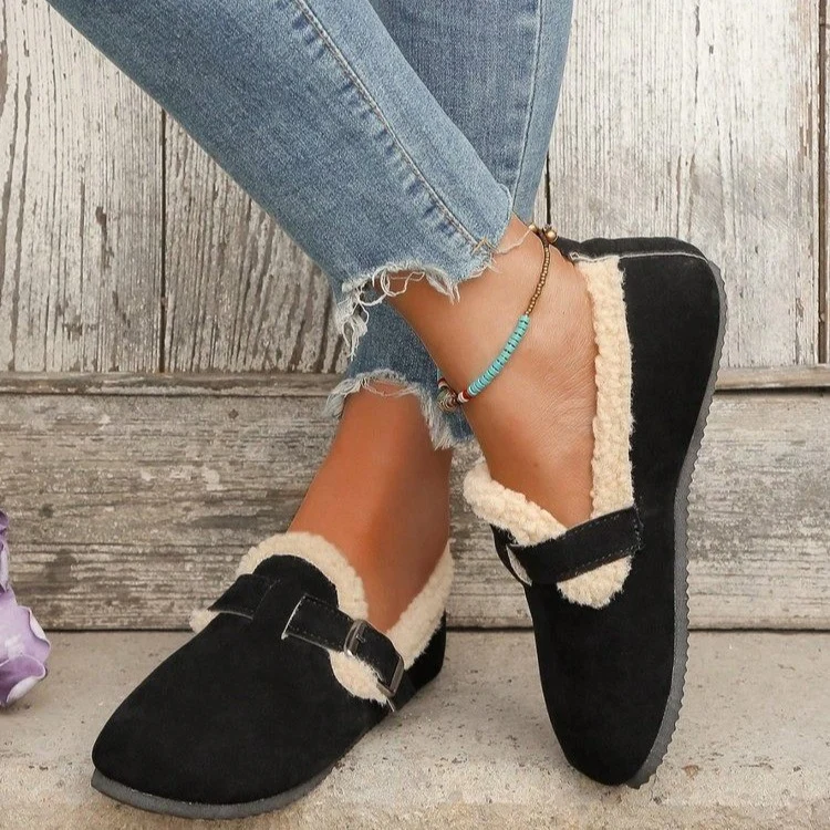 Damen Gefütterte Wildlederoptik-Slipper mit Teddy-Kragen, verstellbarer Schnallenlasche und rutschfester Profilsohle Drune