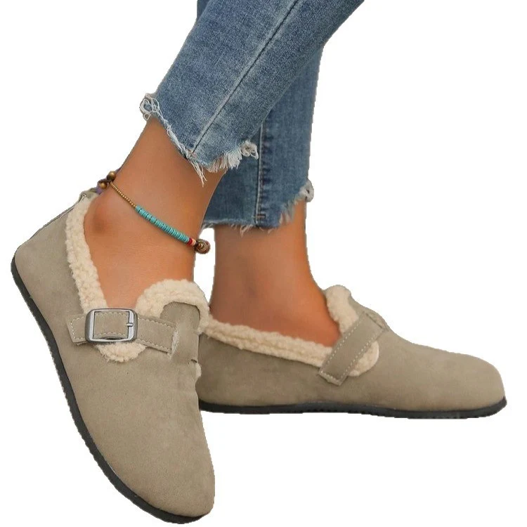 Damen Gefütterte Wildlederoptik-Slipper mit Teddy-Kragen, verstellbarer Schnallenlasche und rutschfester Profilsohle Drune