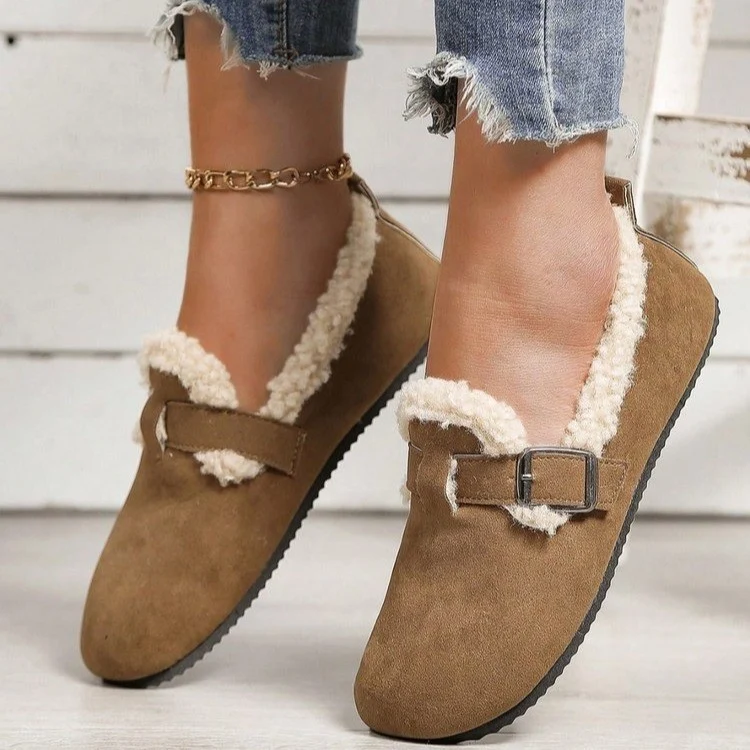 Damen Gefütterte Wildlederoptik-Slipper mit Teddy-Kragen, verstellbarer Schnallenlasche und rutschfester Profilsohle Drune