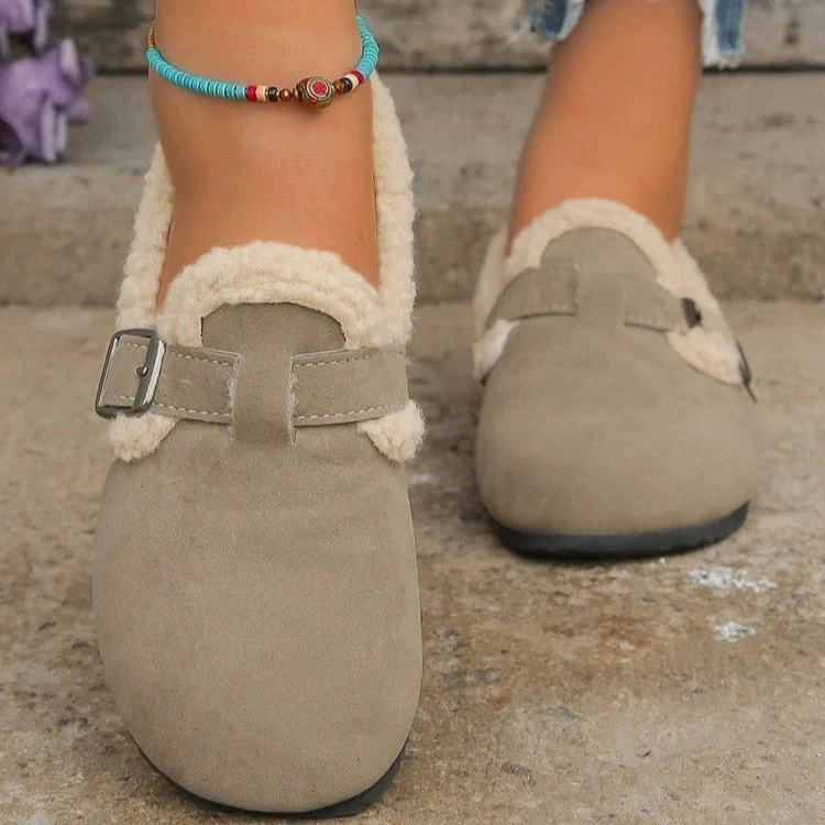 Damen Gefütterte Wildlederoptik-Slipper mit Teddy-Kragen, verstellbarer Schnallenlasche und rutschfester Profilsohle Drune