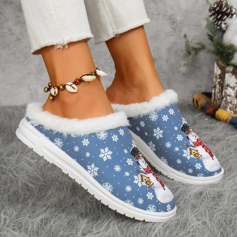 Damen Gefütterte Weihnachtliche Slip-On Hausschuhe mit Schneemann‑Print Drune