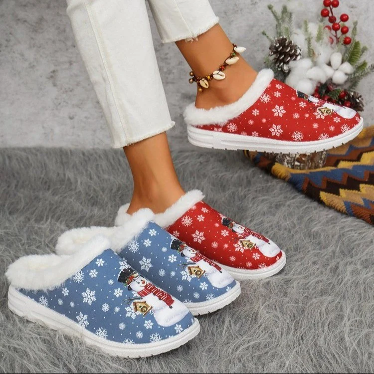 Damen Gefütterte Weihnachtliche Slip-On Hausschuhe mit Schneemann‑Print Drune
