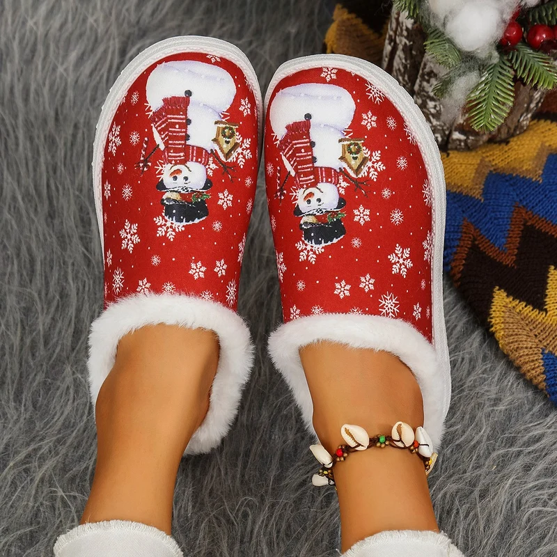 Damen Gefütterte Weihnachtliche Slip-On Hausschuhe mit Schneemann‑Print Drune