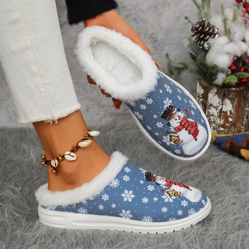 Damen Gefütterte Weihnachtliche Slip-On Hausschuhe mit Schneemann‑Print Drune