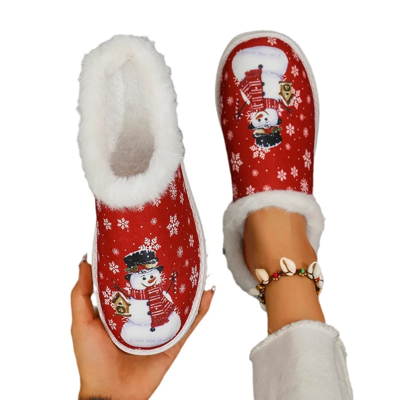 Damen Gefütterte Weihnachtliche Slip-On Hausschuhe mit Schneemann‑Print Drune
