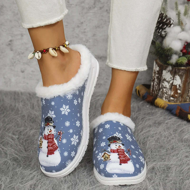 Damen Gefütterte Weihnachtliche Slip-On Hausschuhe mit Schneemann‑Print Drune