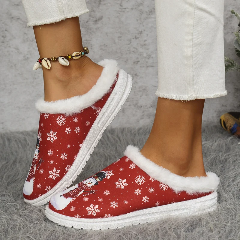 Damen Gefütterte Weihnachtliche Slip-On Hausschuhe mit Schneemann‑Print Drune