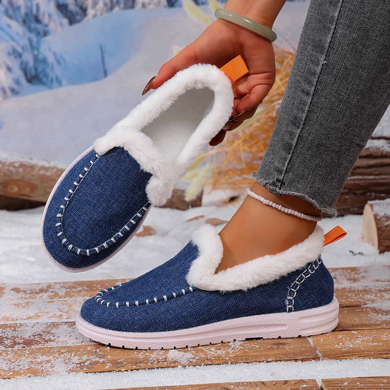 Damen Gefütterte Slip-On Mokassin‑Hausschuhe mit Teddyfutter, handgestepptem Vorderblatt und profilierter Gummisohle Drune