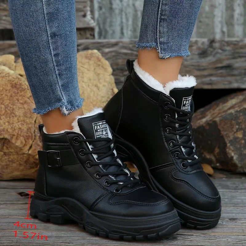Damen Gefütterte Plateau-Ankleboots mit grober Lug-Sohle, Schnürung und Zier-Schnalle Drune