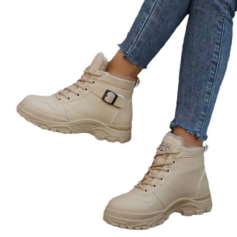 Damen Gefütterte Plateau-Ankleboots mit grober Lug-Sohle, Schnürung und Zier-Schnalle Drune