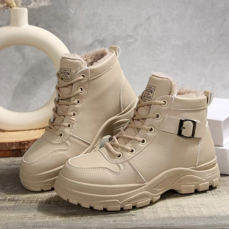 Damen Gefütterte Plateau-Ankleboots mit grober Lug-Sohle, Schnürung und Zier-Schnalle Drune