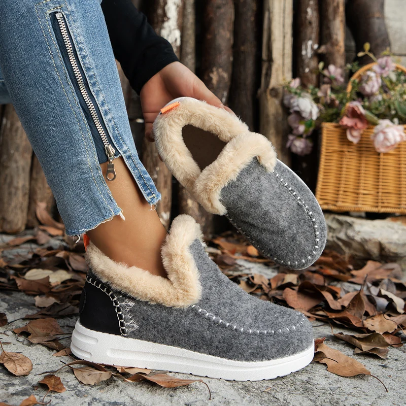 Damen Gefütterte Mokassin‑Hausschuh‑Stiefelette mit Kunstfellfutter, handgenähter Ziernaht und rutschfester Sohle Drune